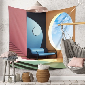 Artistic surreal landscape tapestry with pink stairs and blue sofa for wall decoration