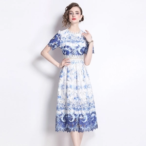 Short sleeve blue floral lace midi dress with waist hollow out detail and round neck