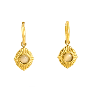 Detail of gold rhombus earrings featuring a pale yellow cat's eye stone on white background