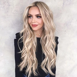 Long wavy blonde ombre wig for women with center part and highlights on grey background