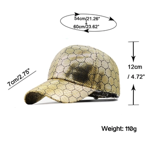 Metallic gold baseball cap with hexagonal honeycomb pattern and adjustable back strap