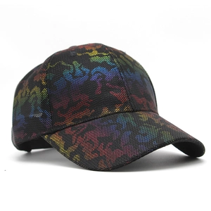Breathable black mesh baseball cap with rainbow pixel camouflage pattern for women