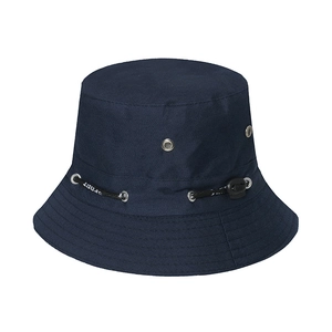 Detail of navy blue sun hat showing metal ventilation eyelets and adjustable sport drawstring