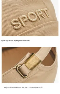 Detail of SPORT 3D embroidery and adjustable metal buckle on cotton flat top cap