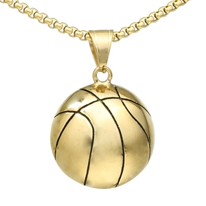 Retro golden basketball pendant necklace in stainless steel on white background