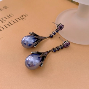French vintage silver needle floral pearl earrings with blue teardrop tassels and crystals