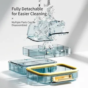Portable 7-day pill organizer with modular blue plastic trays and leakproof yellow seals