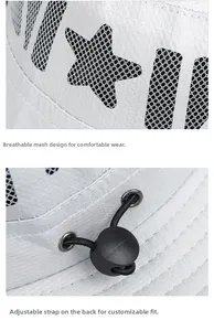 Détails des motifs en maille respirante en étoile et de la boucle réglable du chapeau de soleil