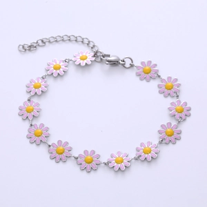 Bohemian silver chain bracelet with twelve pink enamel daisies and adjustable lobster clasp