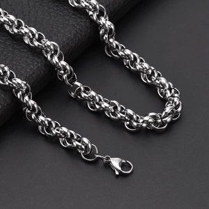 Detail of silver stainless steel 10mm pearl chain necklace with lobster clasp closure