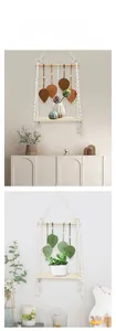 Detail of bohemian macrame wall shelf featuring hand-woven cotton leaves and tassels