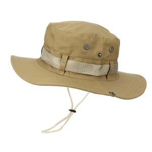 Detail of khaki cowboy sun hat with mesh vents and adjustable chin strap