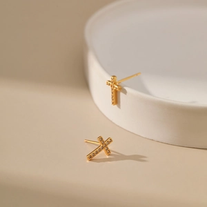 Minimalist 18K gold-plated cross earrings with sparkling zircon inlay for unisex style