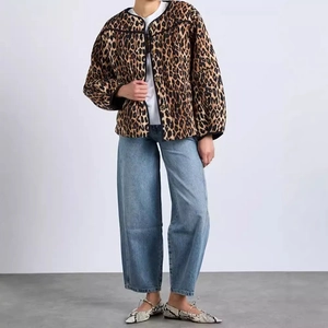 Women Leopard Print Quilted Jacket Crew Neck Lightweight Cotton Padded Coat Button Closure Outwear Retro Elegant