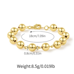 Macro detail of 14K gold plated bead bracelet with lobster clasp and dimensions