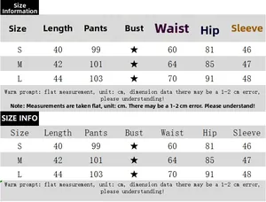 Detailed size chart for women's two-piece hoodie and pants set with measurements in cm