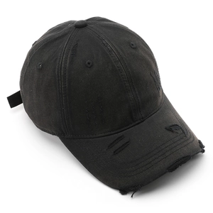 Distressed black vintage washed cotton baseball cap with ripped aesthetic details