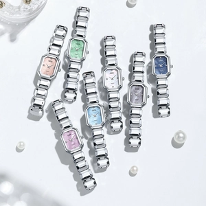 Elegant women's quartz watch with silver link band and colorful mother-of-pearl dial