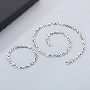 Elegant 5mm hollow square link chain necklace and bracelet set in polished silver finish
