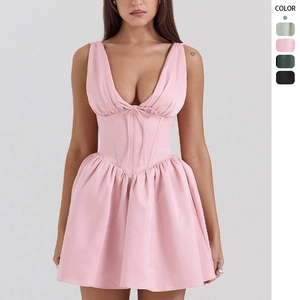 Women Satin Corset Mini Dress Deep V Neck Sleeveless High Waist Pleated Puffy Party Elegant Summer