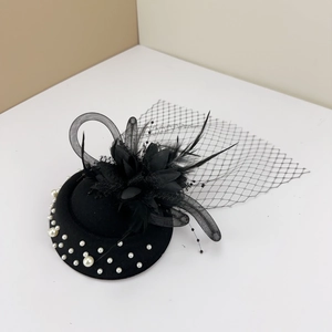 Vintage Black Fascinator Hat Hair Clip With Net Veil Feather And Artificial Pearls Elegant French Style Party Headpiece For Women