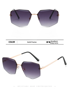 Detail of rimless polygon sunglasses with gradient grey lenses and rose gold metal frame