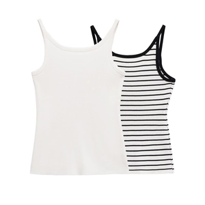 Close-up of ribbed texture on striped and white camisole tops in a 2-piece set