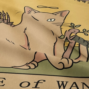 Detail shot of tarot wands cat tapestry showing fabric texture and vibrant illustration