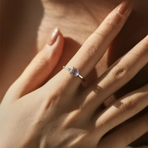 S925 sterling silver ring with classic four-claw round sparkling colorful gemstone