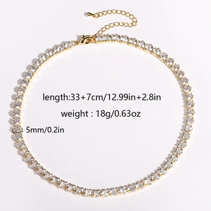 Gold plated 5mm tennis necklace with multi-row white zircon stones and 33+7cm chain