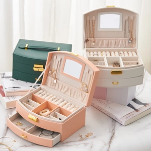 Multi-layer faux leather jewelry storage box with drawers and lock in green pink and white