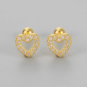 Sparkling pave hollow heart stud earrings in gold with secure screw back ball closure
