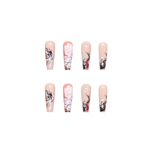 Long stiletto ballet press-on nails with Chinese floral art and gradient wave patterns