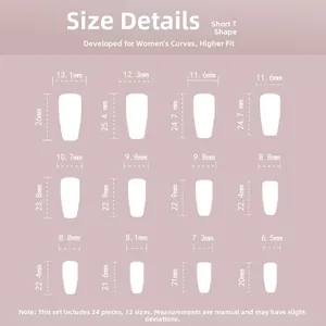 Detailed size chart for short ballerina press-on nails including 12 width and height specs