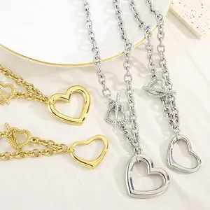 Hollow Heart Pendant Necklace And Bracelet Stainless Steel Fashion Jewelry Toggle Clasp O-Chain Minimalist Accessory For Women