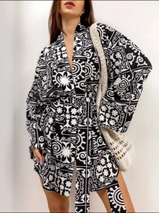 Women Geometric Print Loungewear Kimono Cardigan And High Waist Shorts Long Sleeve Polyester Casual Home Wear