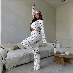 Three-piece cherry print pajama set with long sleeve crop top and wide leg pants