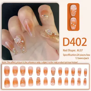 Sweet pink gradient press-on nails with 3D resin roses, pearls, and long square shape