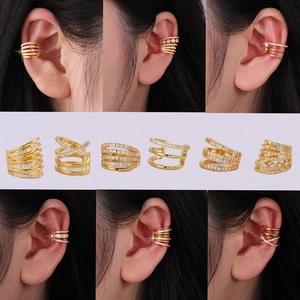 Gold-plated multi-layer ear cuffs with cubic zirconia inlay for non-pierced ears