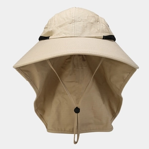 Outdoor khaki sun hat with neck flap and wide brim featuring breathable mesh vent