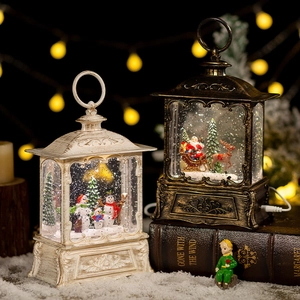 Vintage Christmas snow globe lanterns with Santa and snowman scenes with warm LED light