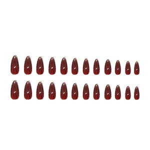 Deep burgundy almond press-on nails with silver glitter tips and high gloss finish