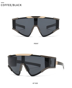 Detailed views of oversized coffee and black visor sunglasses with golden metal hinges