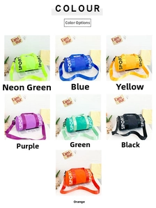 Multi-color kids sports cylinder bags in vibrant nylon fabric with SPORT branding
