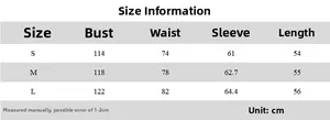 Size chart showing bust, waist, and length measurements for the sheer long sleeve top