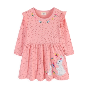 Pink polka dot long sleeve girl dress with floral embroidery and rabbit patch details