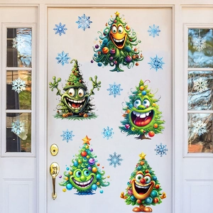 Christmas tree and blue snowflake wall stickers for holiday home wall and door decor