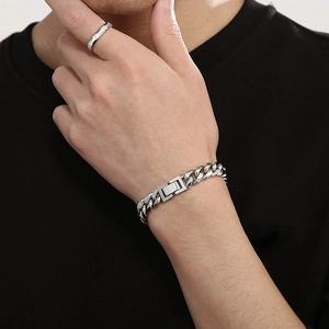 Bracelet chaîne cubaine argentée et bague pour homme en acier inoxydable tendance