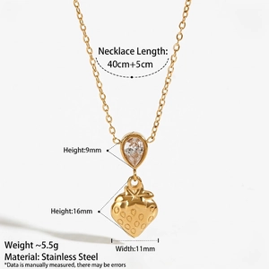 Gold strawberry pendant necklace with pear-shaped zircon on 45cm stainless steel chain
