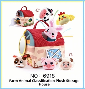 Detailed plush farm house toy set featuring animal sorter blocks and carry handle